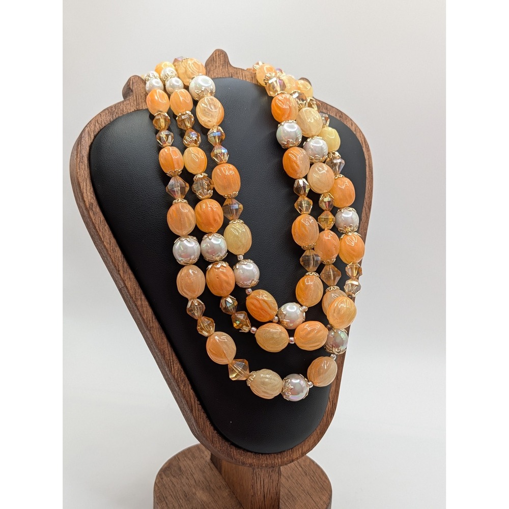 Vintage Orange Peach Multi Strand Bead Necklace Rhinestone Coral Clasp 20in